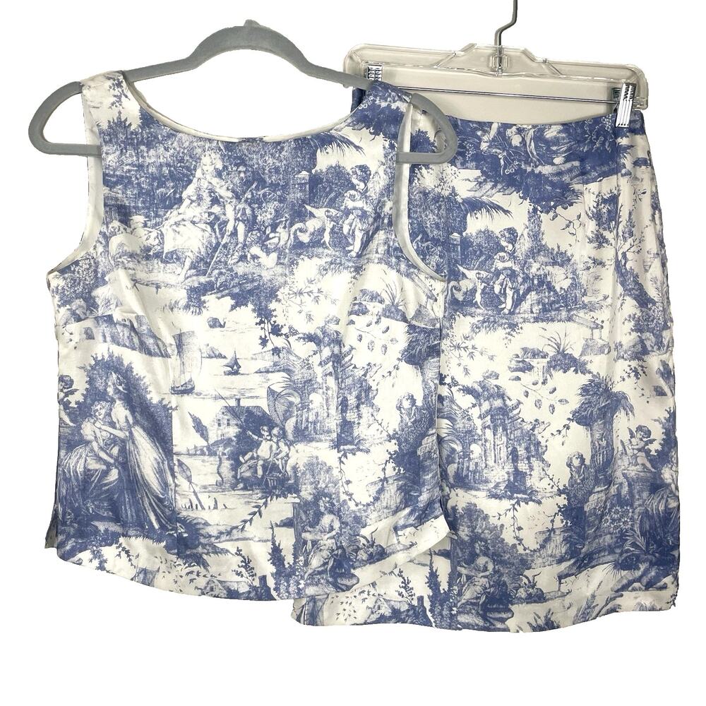 Vtg Carol Anderson California Silk Skirt Top Set Size 6 Blue Toile de Jouy Print